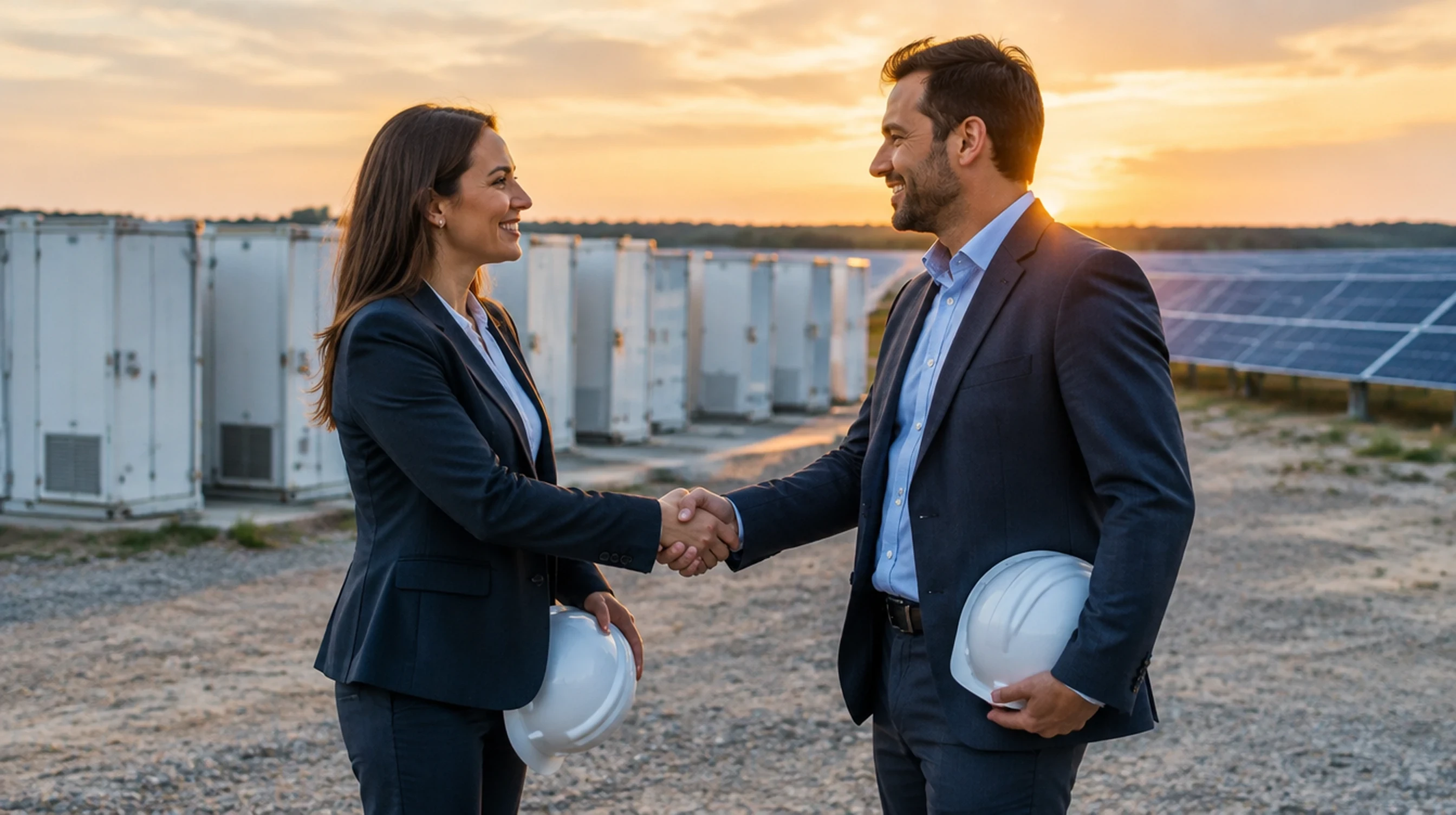 Project developer and bank investor shaking hands at a battery storage and solar site
