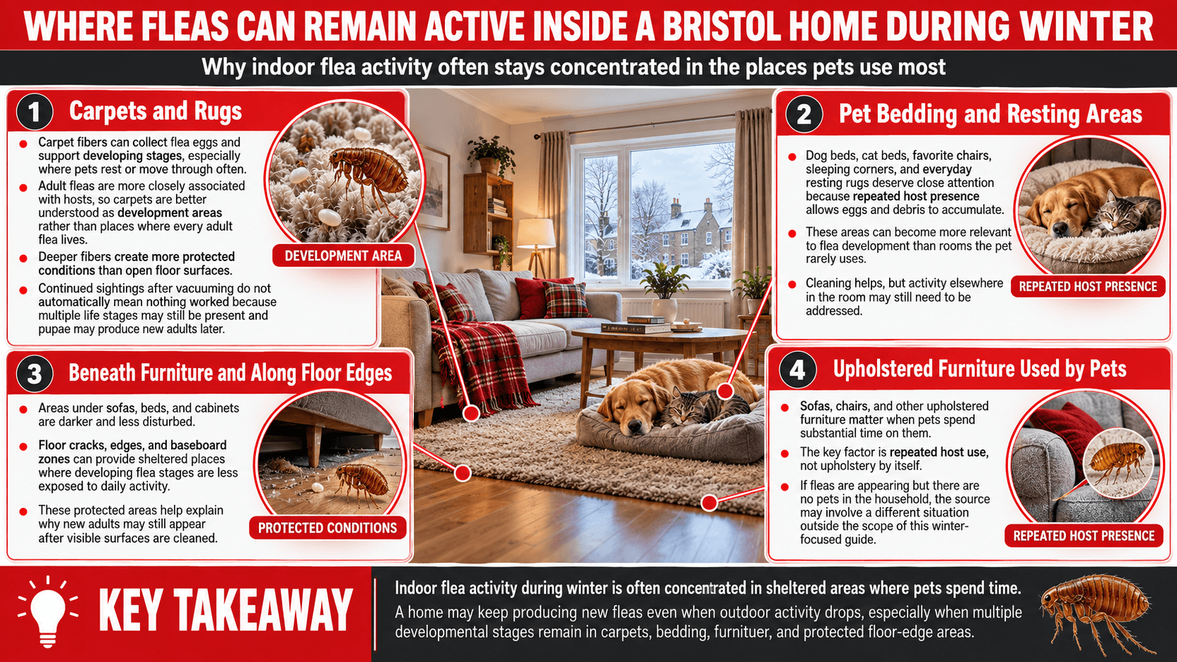 Where fleas can remain active inside a Bristol home during winter
