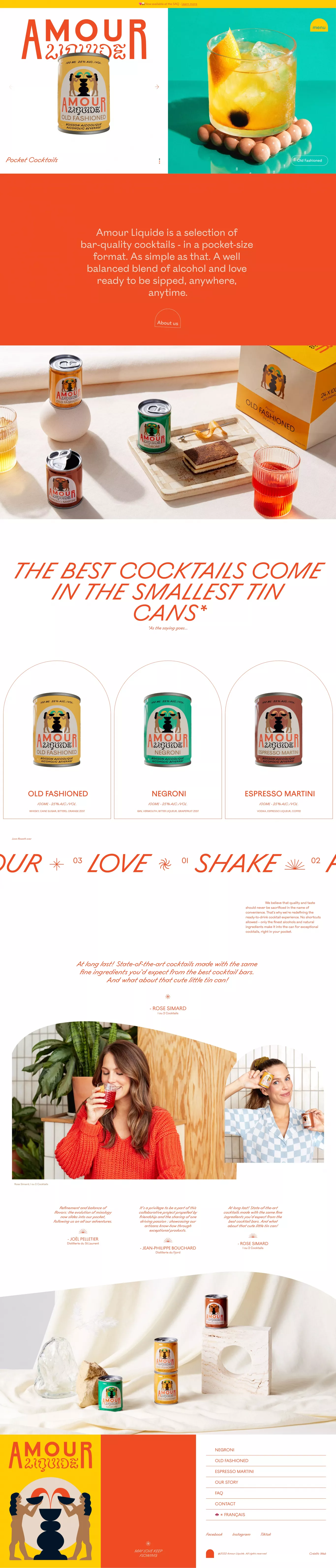 Amour Liquide - Cocktails de poche landing page screenshot showcasing Food & Drinks and Ecommerce design