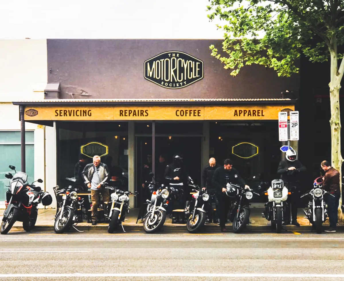 Outside of the motorcycle society store front designed by Adapt Studio