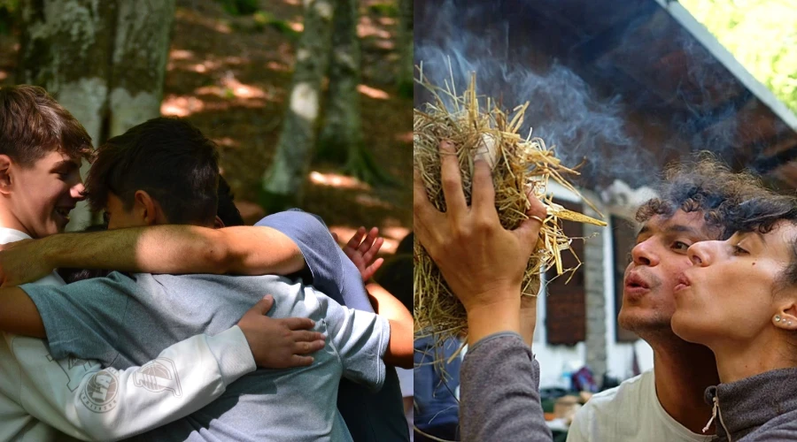 Ragazzi  e adulti in natura durante attività di sopravvivenza primitiva e bushcraft con Madre Natura Educamp in Toscana