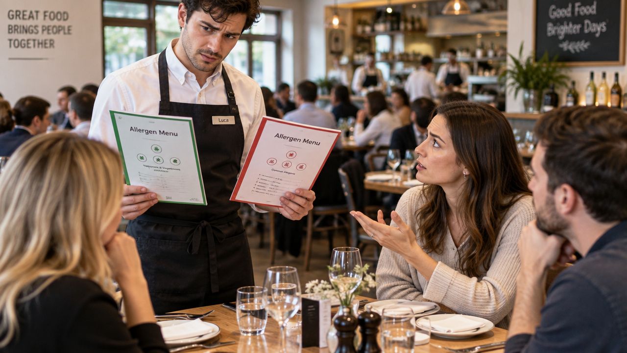 Un camarero mostrando menús de alérgenos a una pareja en un restaurante concurrido durante la cena.
