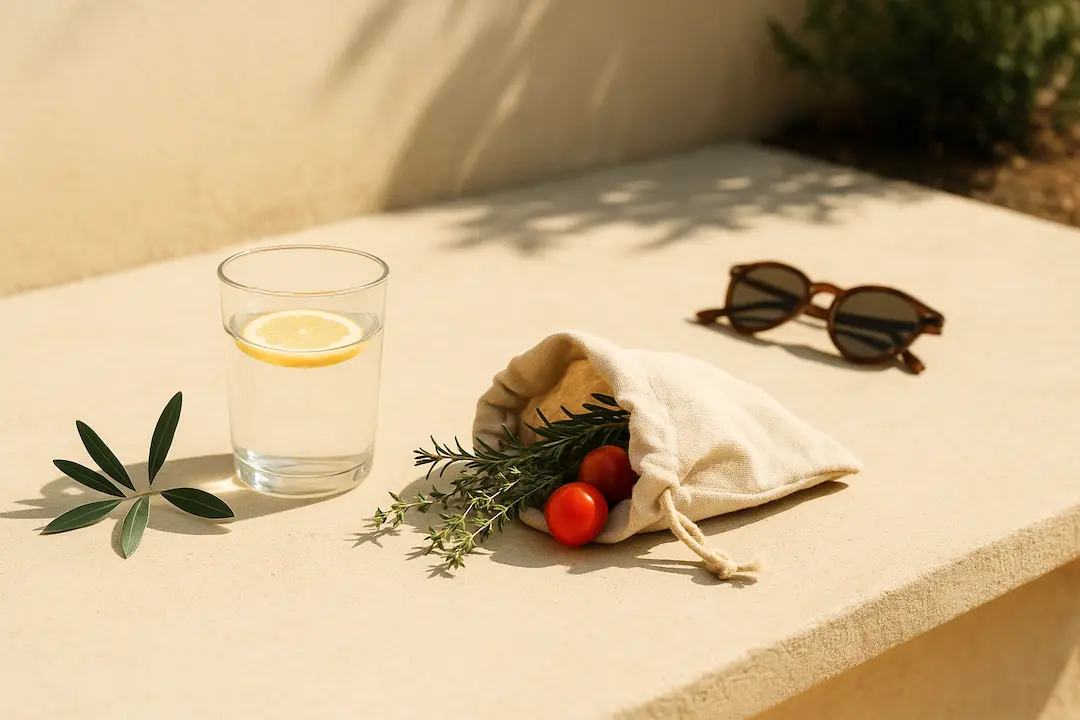 Stoffbeutel mit Rosmarin und Tomaten auf Steinbank