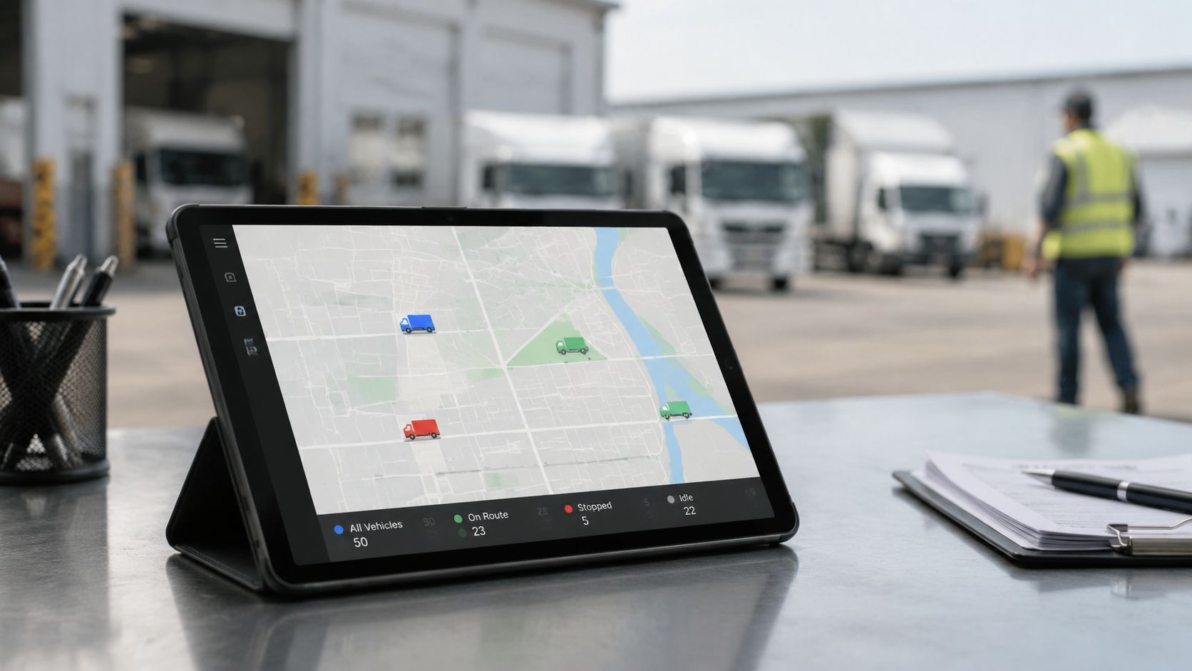 En tablet på et skrivebord viser et kort over flådestyring med køretøjer i et logistikcenter.