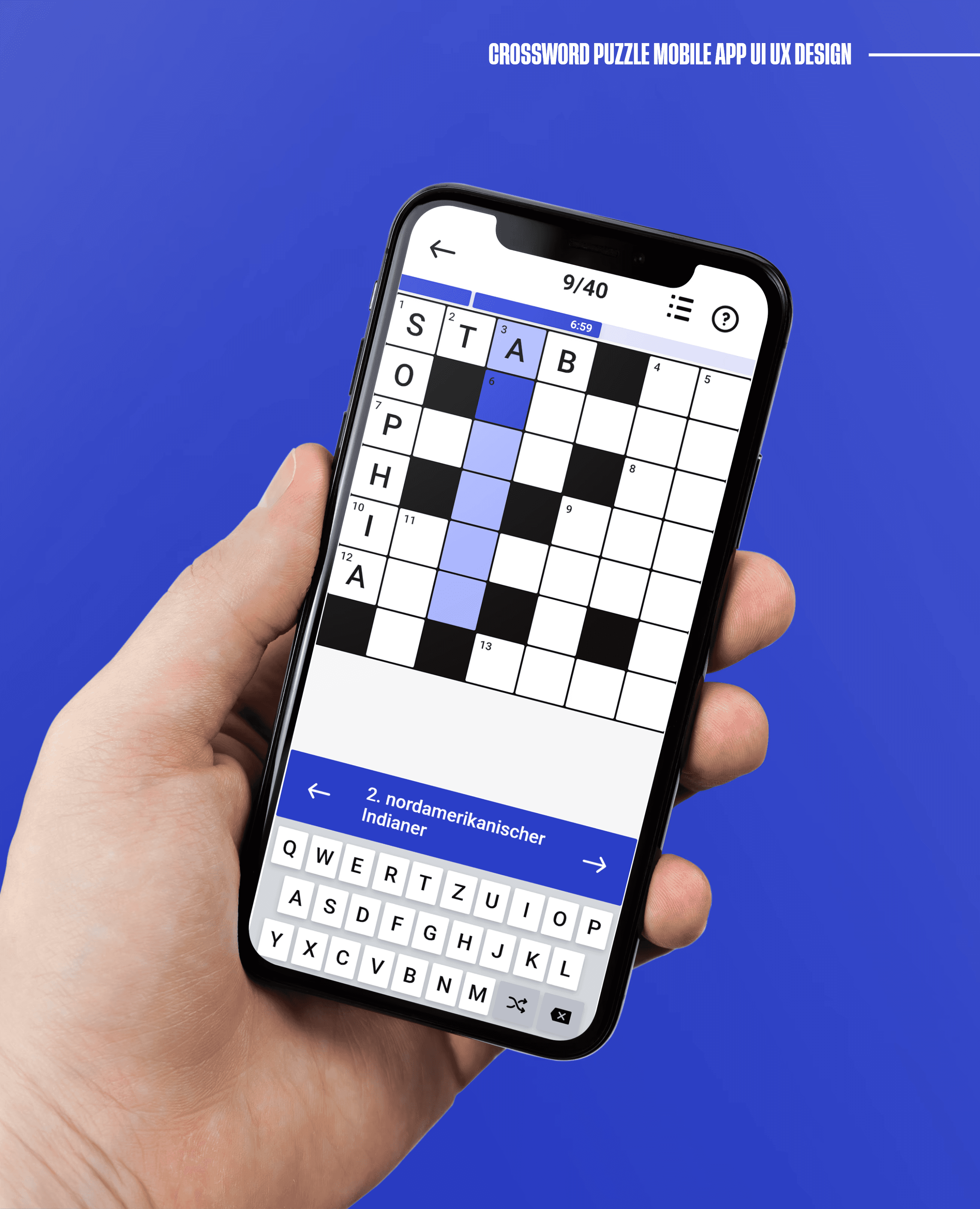 Crossword puzzle mobile app UI/UX design for German users with a clean, minimal interface.