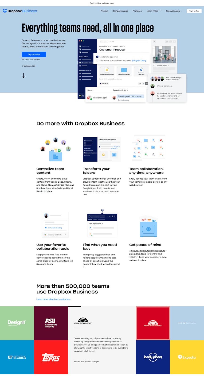 Dropbox’s landing page layout highlighting different aspects of its landing page