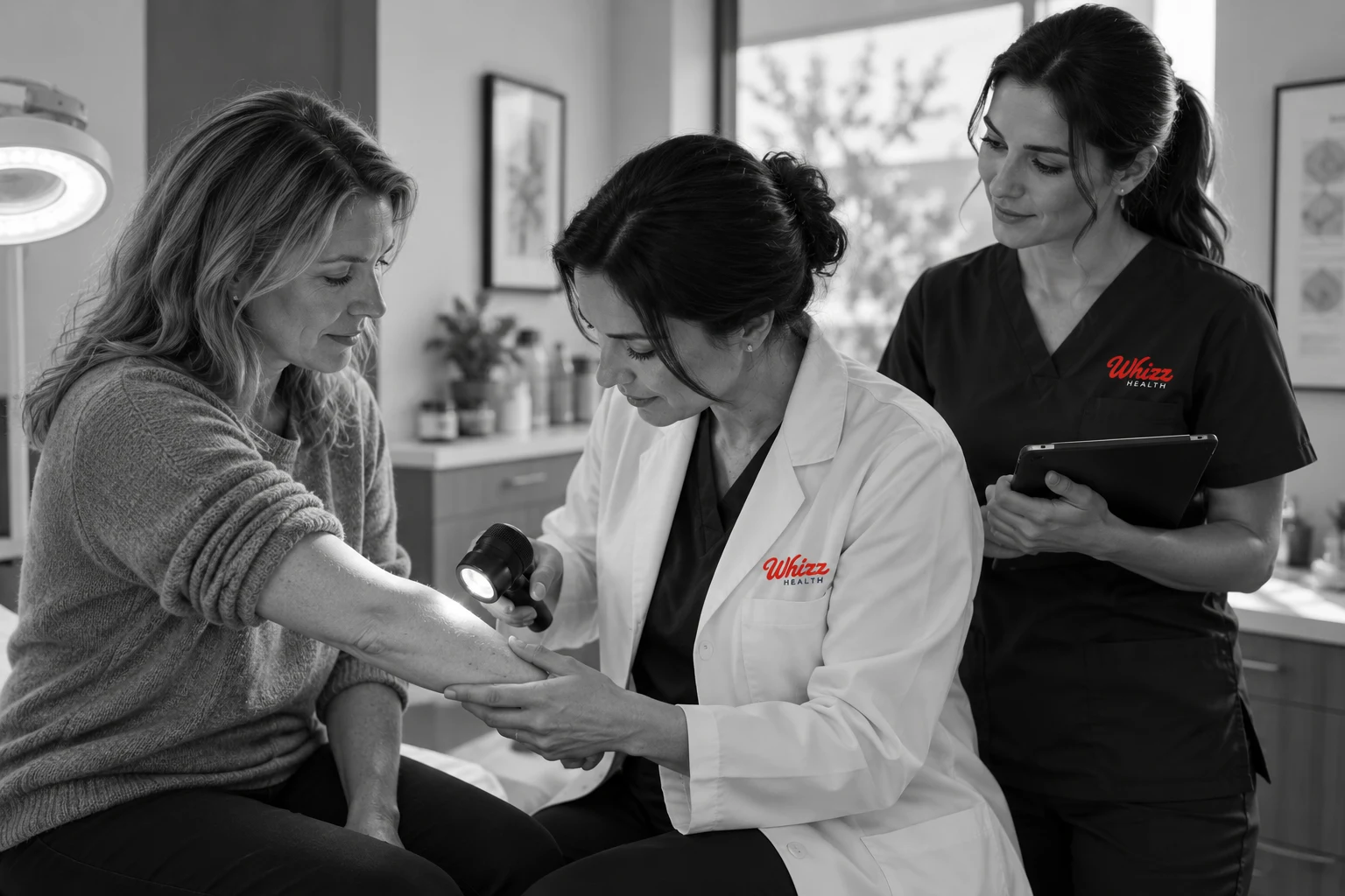 Dermatologist examining a patient's forearm with a dermatoscope while a Whizz Health research coordinator looks on