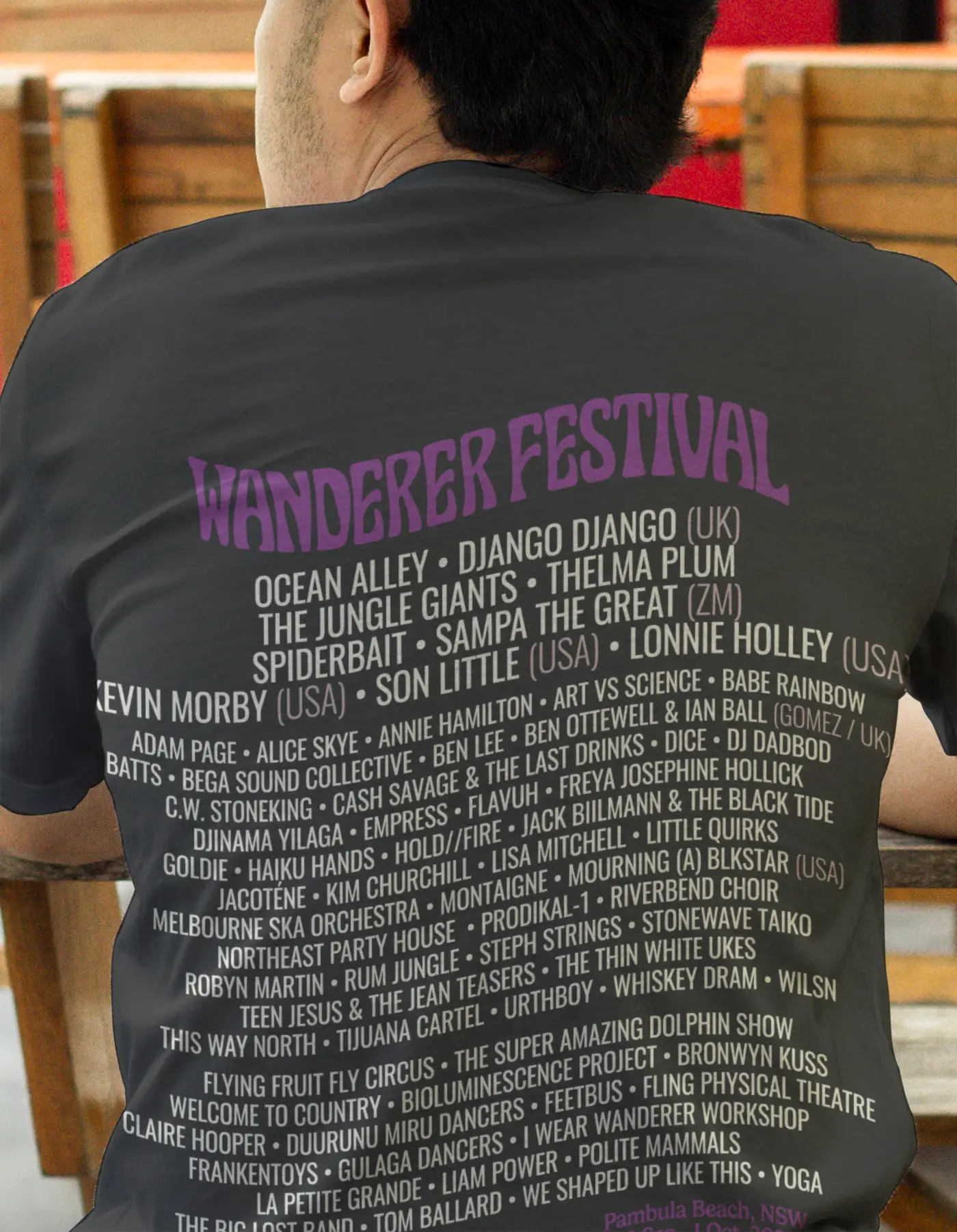 Wanderer Festival t-shirt design with lineup, brand typography and palette.
