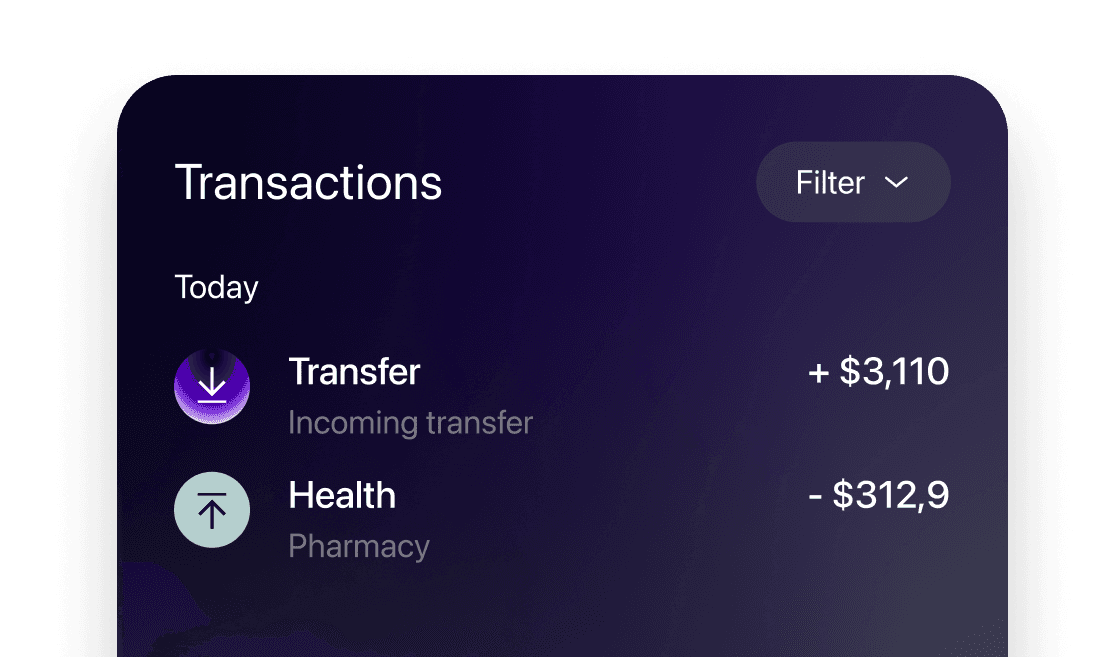 Transaction history interface showing recent transfers and expenses