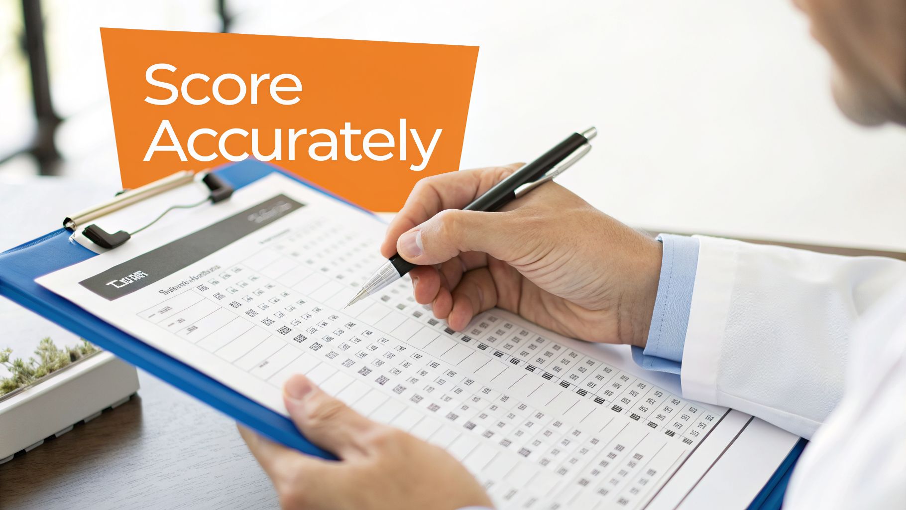 A medical professional in a white coat uses a pen to score an assessment form on a clipboard.