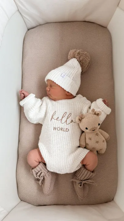 Newborn in a white knit outfit with a toy rabbit in a soft bassinet