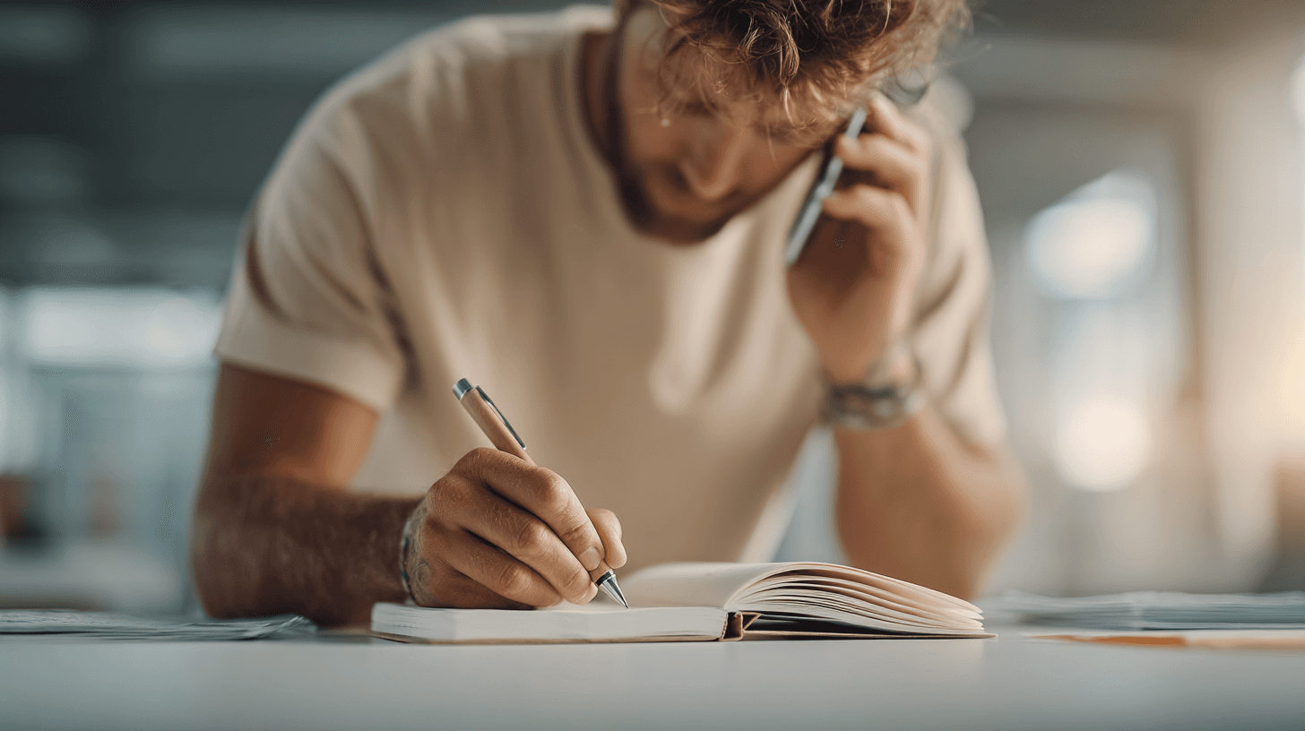 Person telefoniert und trägt Termine in ein Notizbuch ein – SilentAngels® Service für Terminbuchungen und Alltagsorganisation.