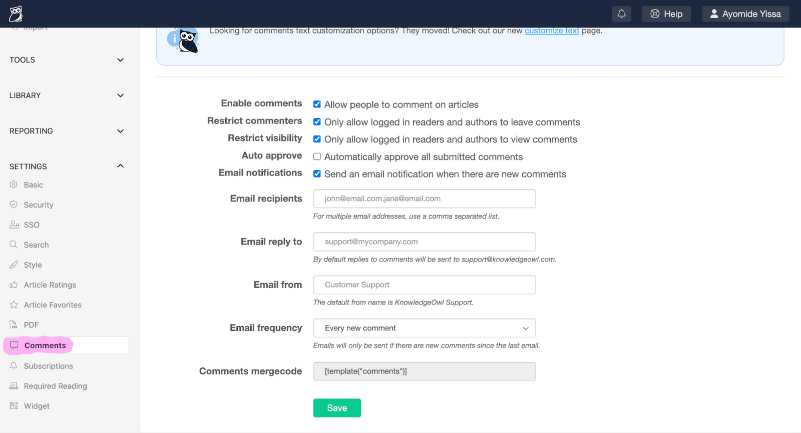 A screenshot of KnowledgeOwl's Comments settings page.