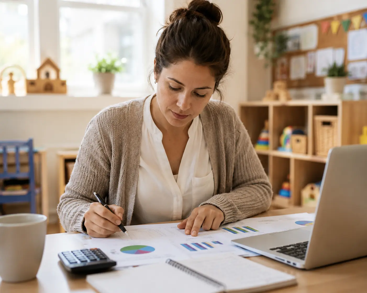 A woman sits at a desk in a child care facility writing on a paper in front of a computer.