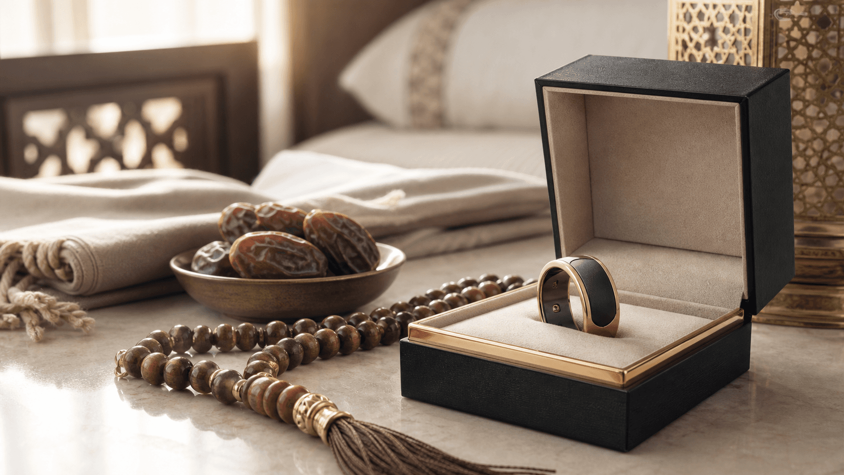 Smart dhikr ring in an open gift box beside wooden misbaha prayer beads and dates in warm morning light