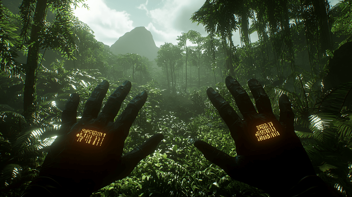 user interface and the view on hands within a vr video game. In the background you can see a jungle environment