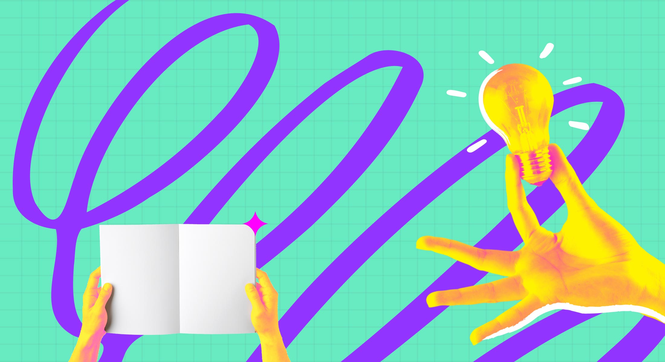 Open book held by hands alongside hand grasping a lightbulb with purple swirls on turquoise background