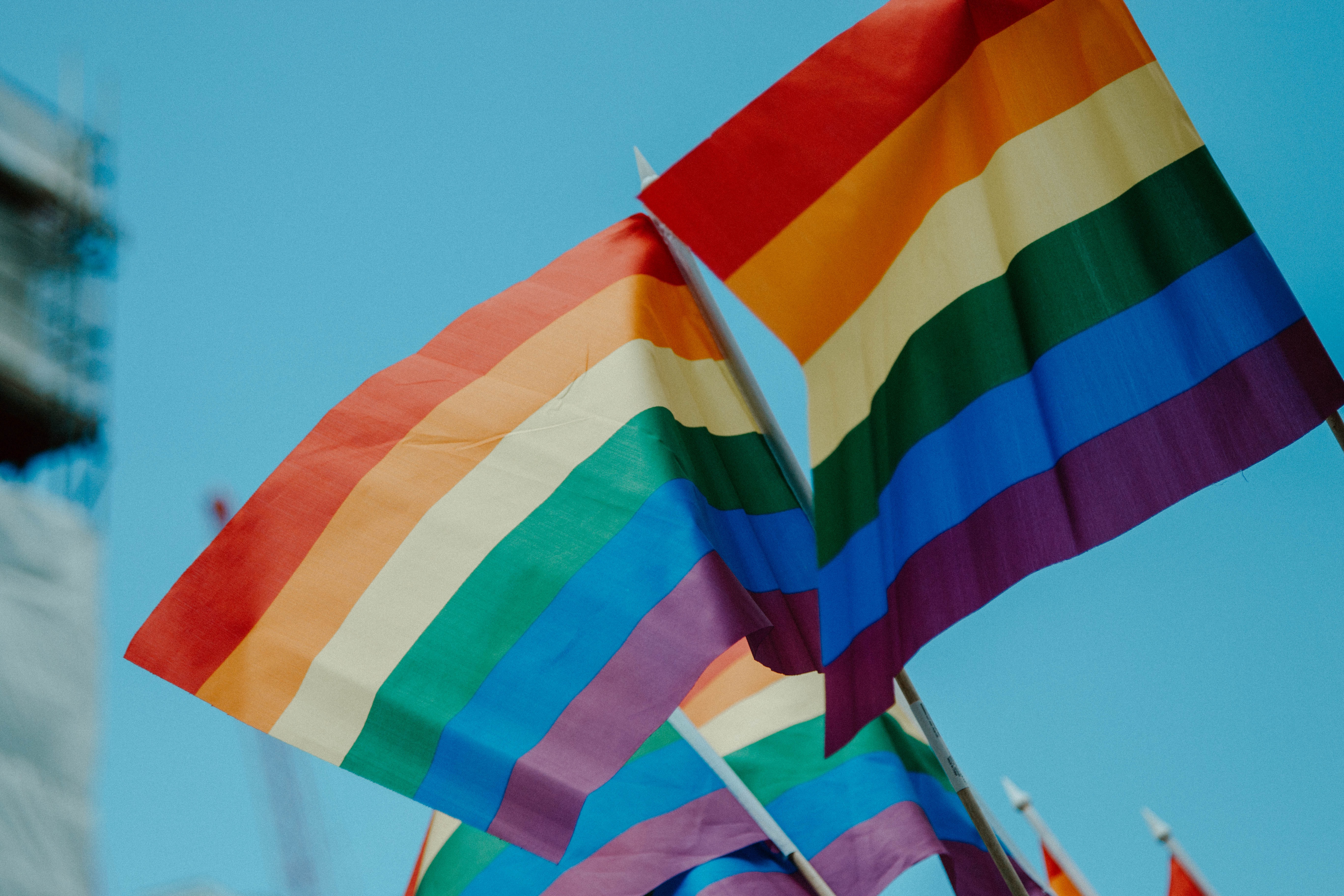 Imagem de bandeiras arco-íris tremulando sob um céu azul, representando o orgulho LGBTQIA+. As cores vibrantes da bandeira contrastam com o céu, enfatizando a celebração da diversidade e inclusão. A bandeira possui as tradicionais faixas em vermelho, laranja, amarelo, verde, azul e roxo, símbolo de apoio à comunidade LGBTQIA+ e de visibilidade aos direitos e à luta por igualdade.