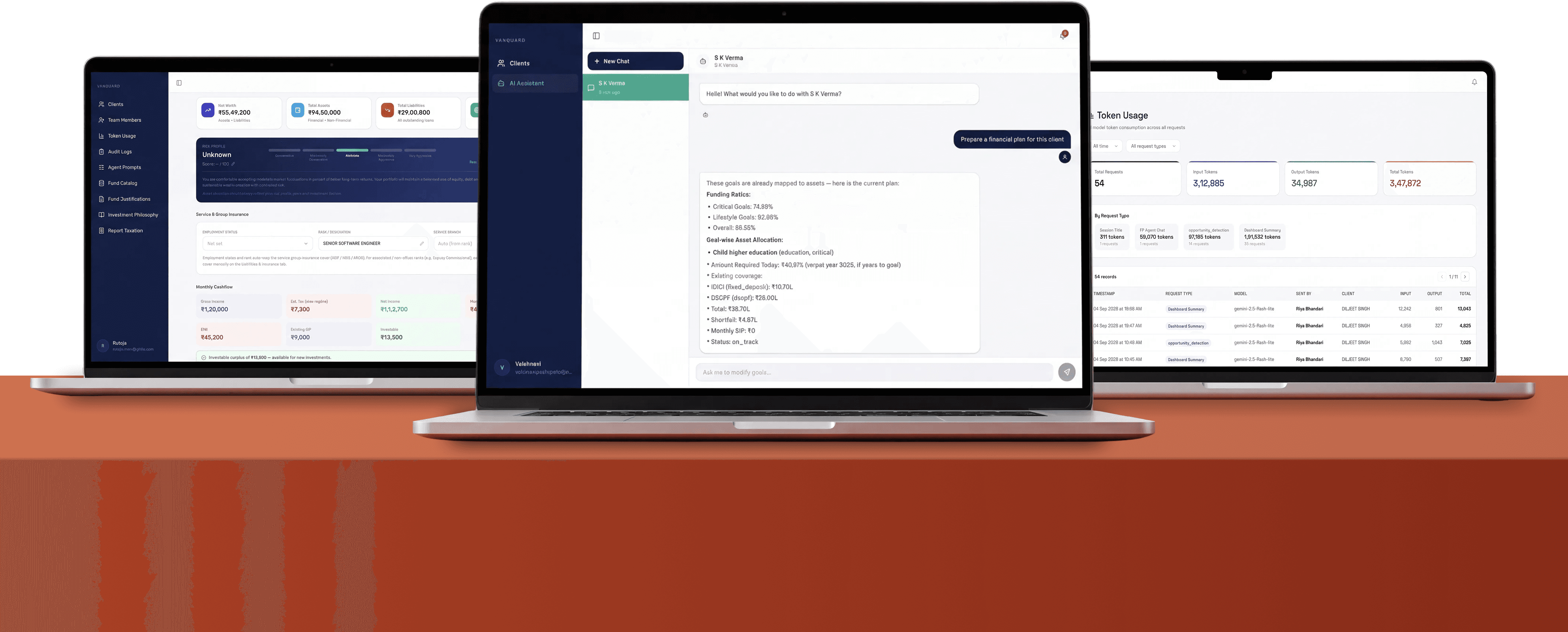 The financial planning platform on three laptops — client dashboard, AI assistant and token usage