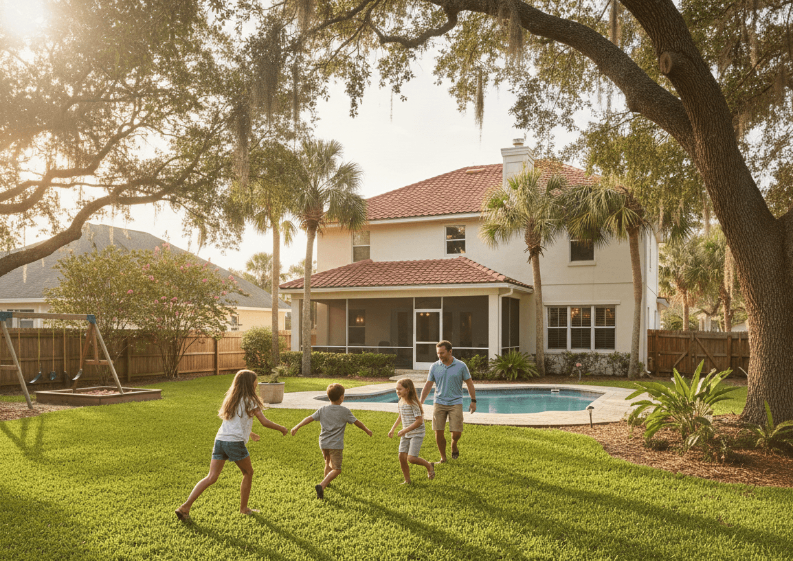Family enjoying their healthy green lawn in Florida backyard with landscaping
