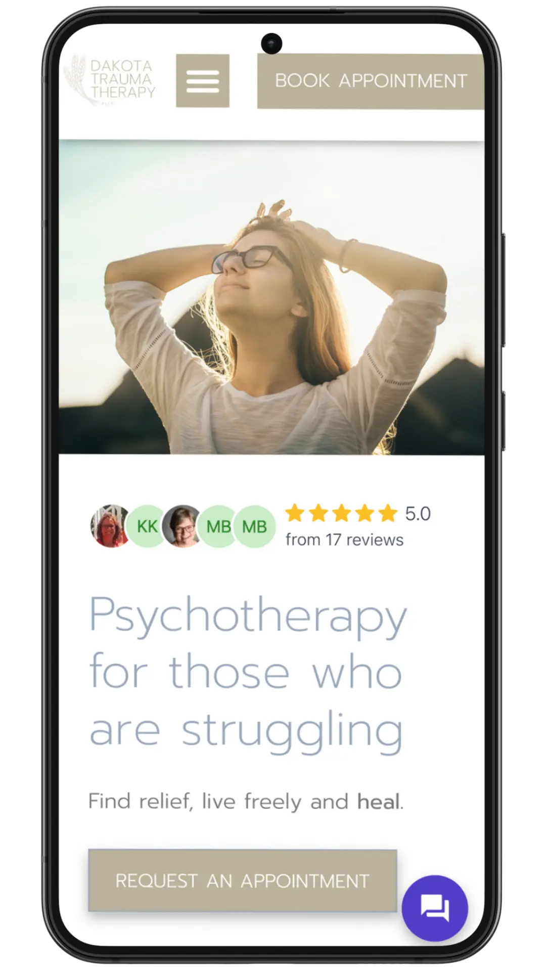 A mobile phone displaying a wellness website with a serene woman stretching against a bright background.