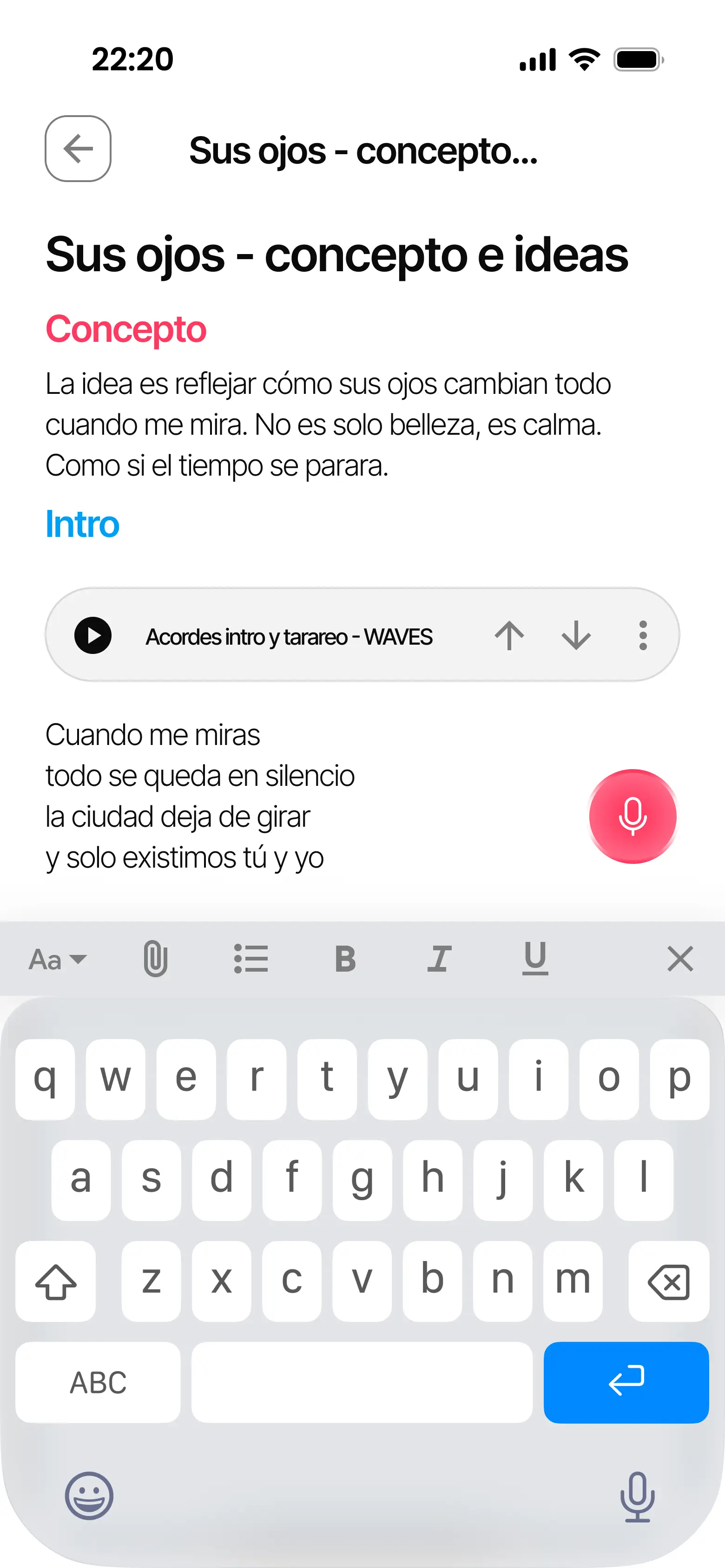 Pantalla de notas con grabadora integrada