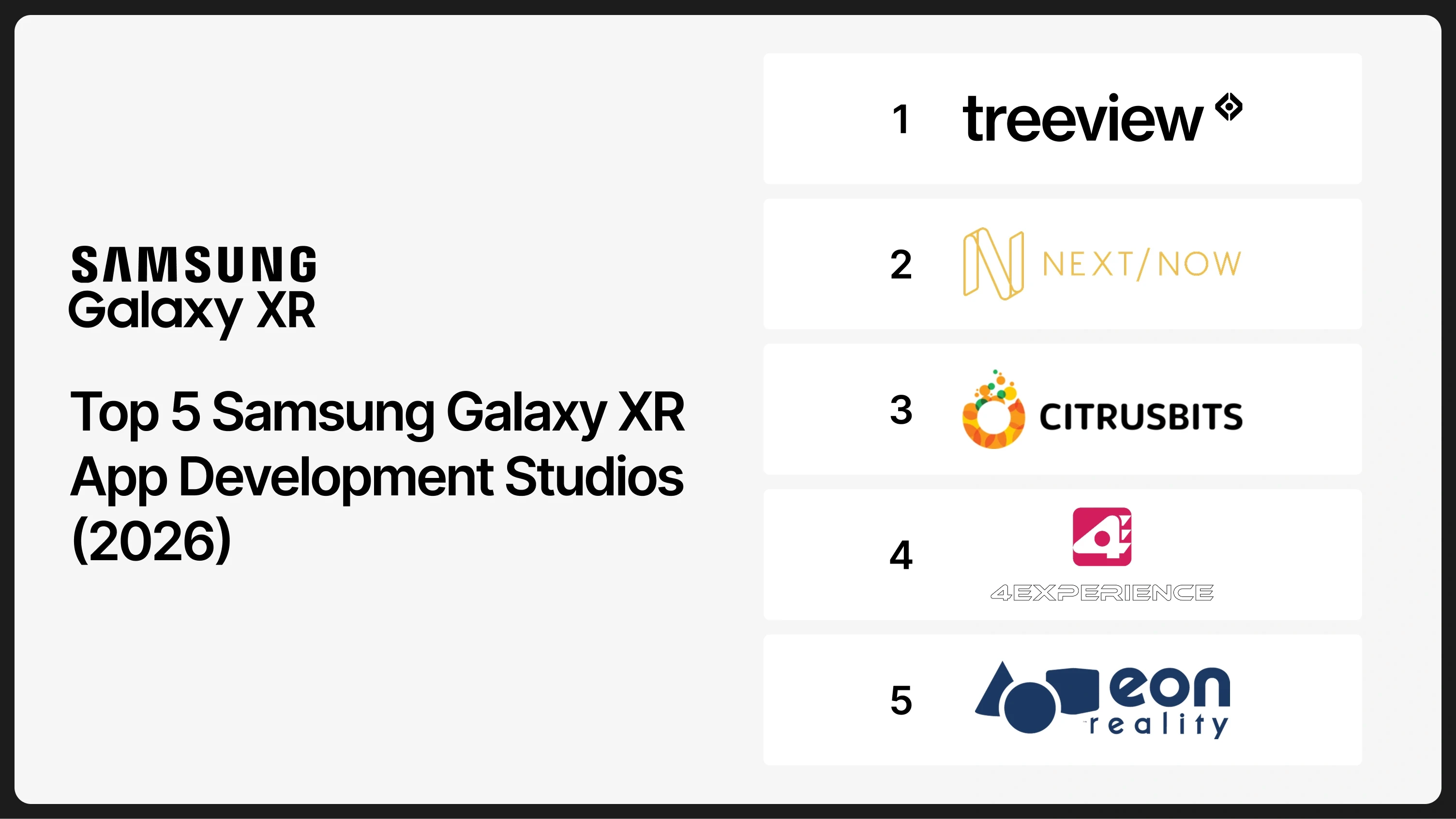 Top 5 Samsung Galaxy XR app development studios in 2026: Treeview, Next/Now, CitrusBits, 4Experience and EON Reality