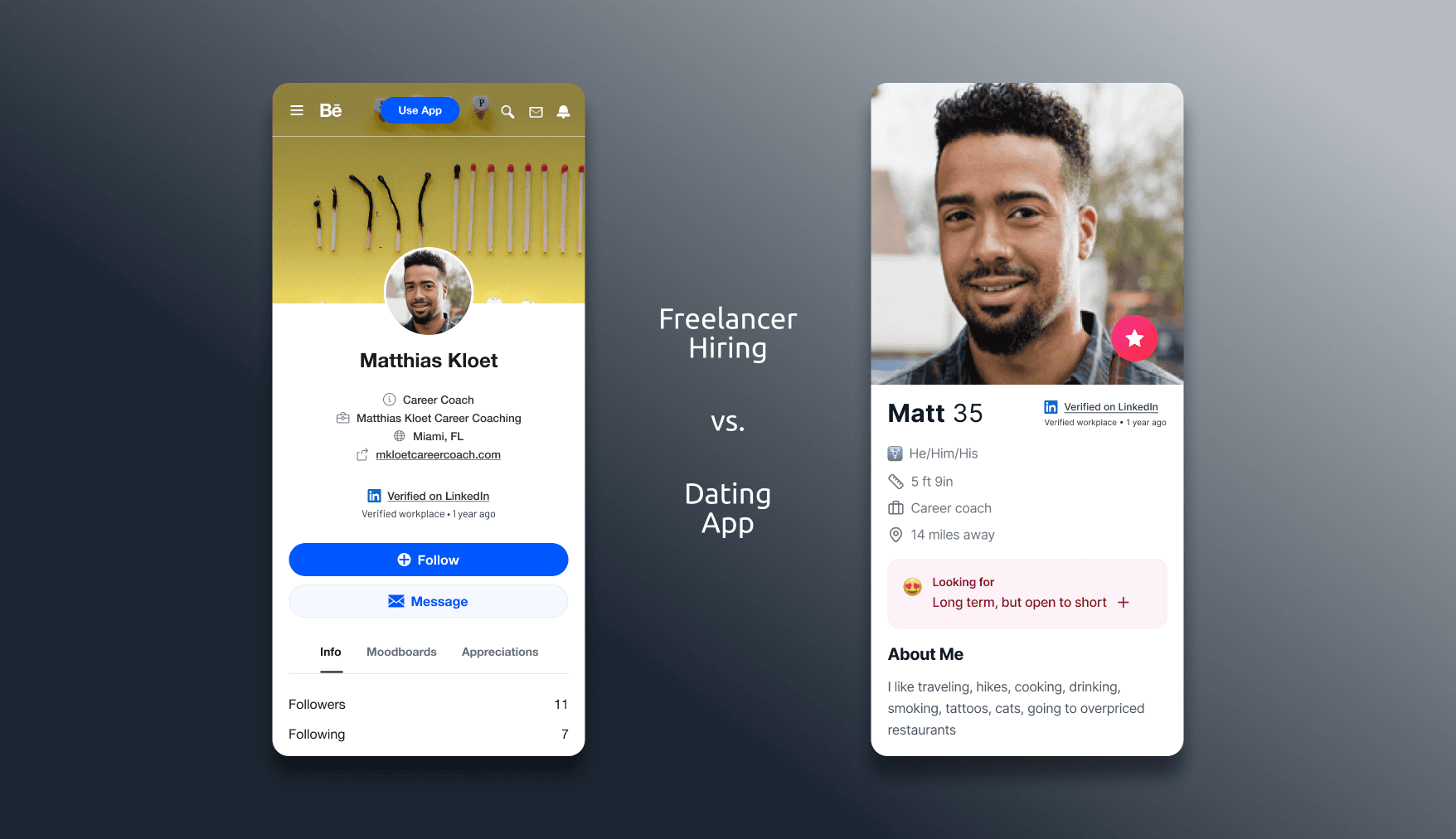 Side by side of a verified freelance hiring profile vs. verified dating app. profile