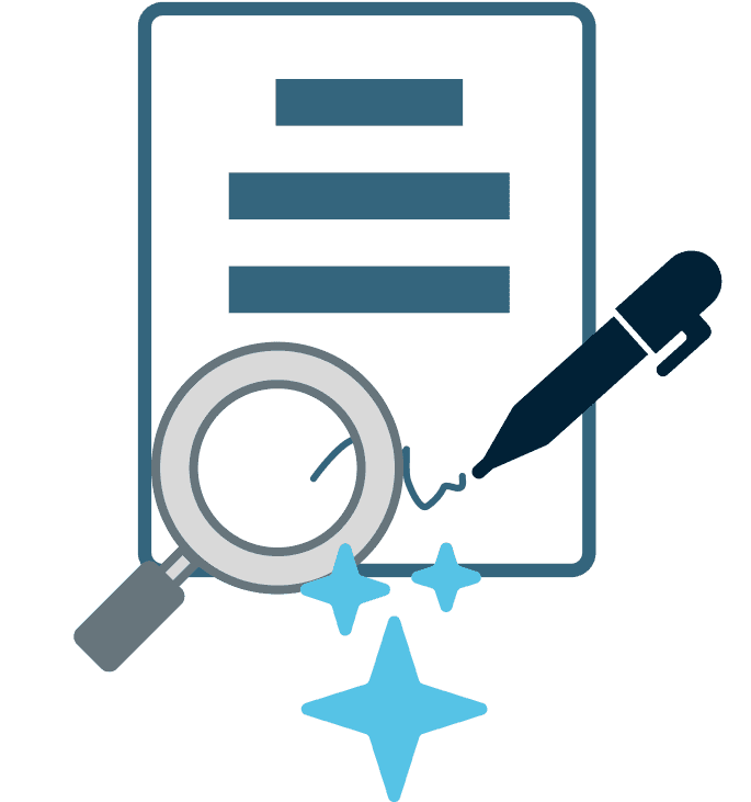 Ein illustriertes Dokument mit einer Lupe und einem Stift, das Elemente wie Analyse, Untersuchung und Unterzeichnung hervorhebt, mit dekorativen blauen Funkeln, die Bedeutung und Gründlichkeit andeuten.