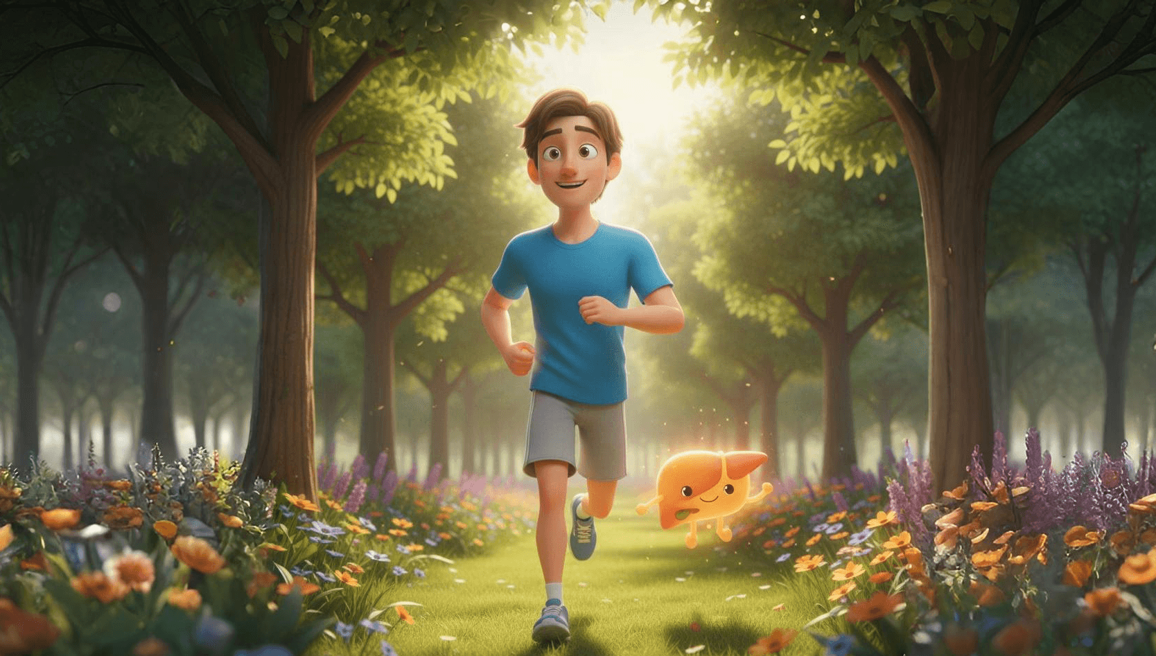 The same young man now jogging outdoors with a happy glowing liver character, showing recovery and better liver health through balanced nutrition and active lifestyle. A Lyxaa health awareness visual inspiring people to prevent fatty liver and embrace wellness. Learn more at lyxaa.in .