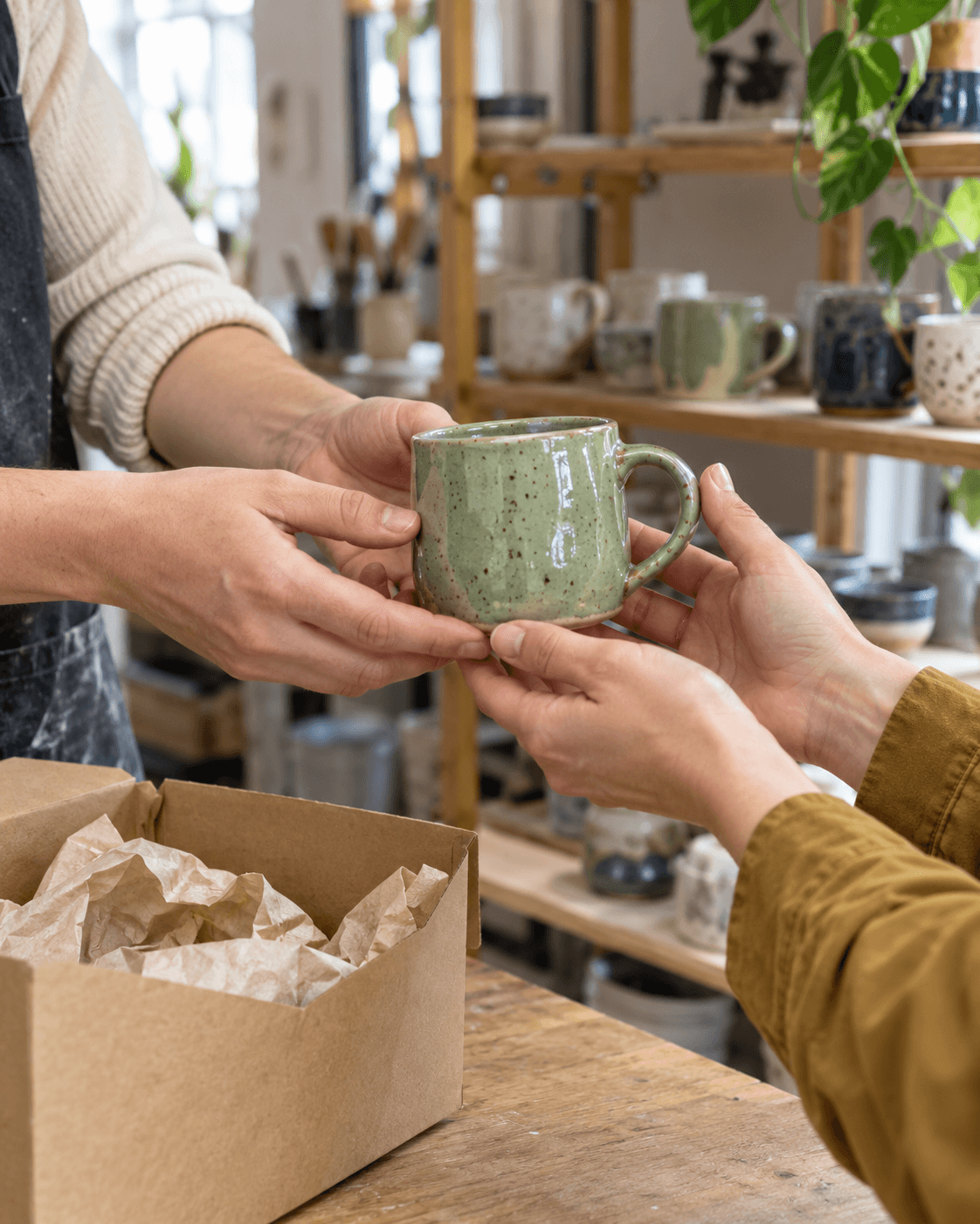 A finished green mug being handed over at the studio