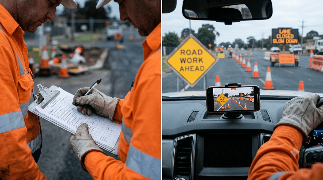 split screen image of traffic controller using a paper checklist and another recording a video drive through