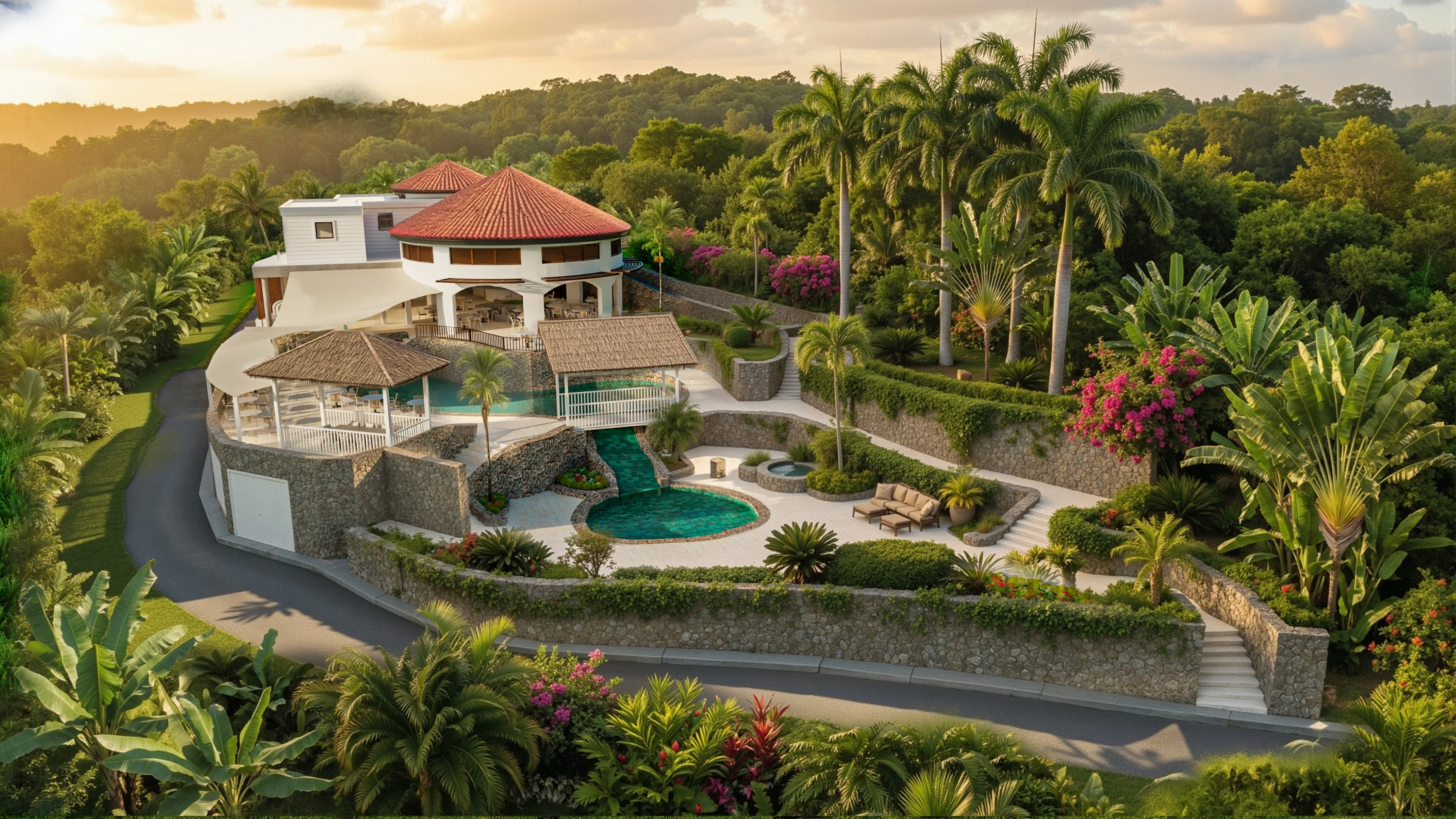 Aerial view of the Papa Don's Restaurant site in Saint Lucia at sunset with pools, terraced gardens, and tropical landscaping