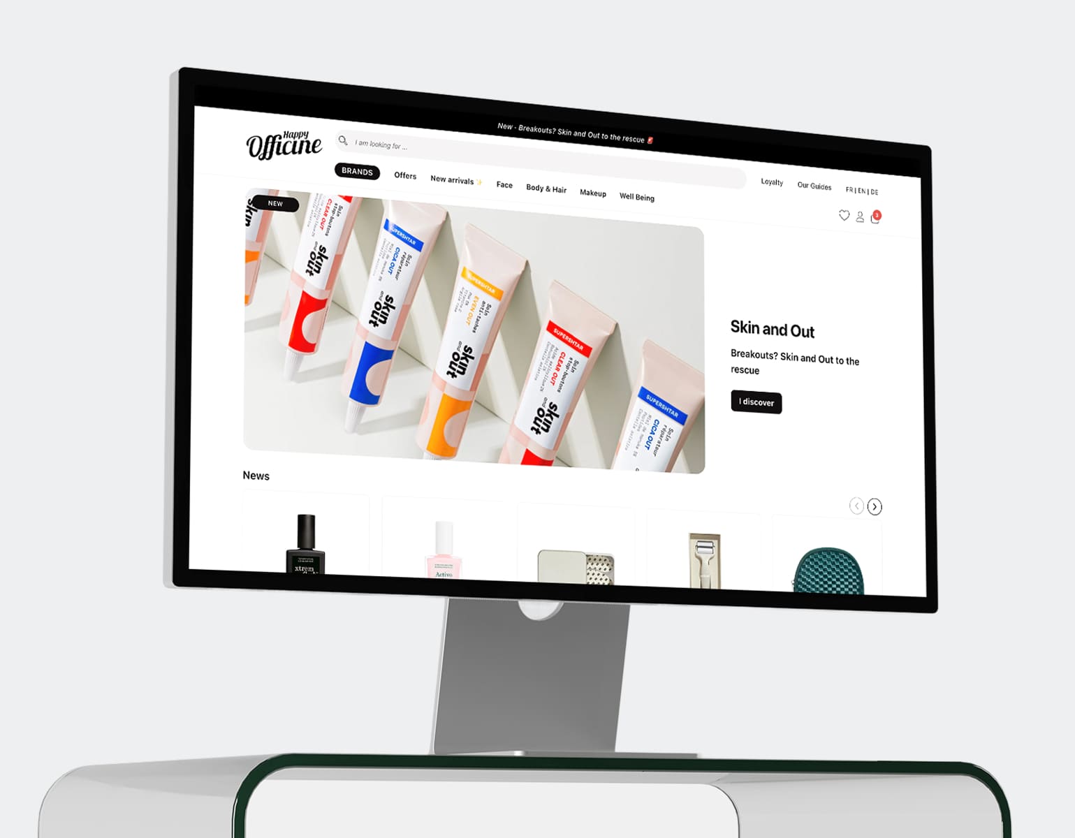 Happy Officine e-commerce website displayed on desktop showcasing clean beauty marketplace interface