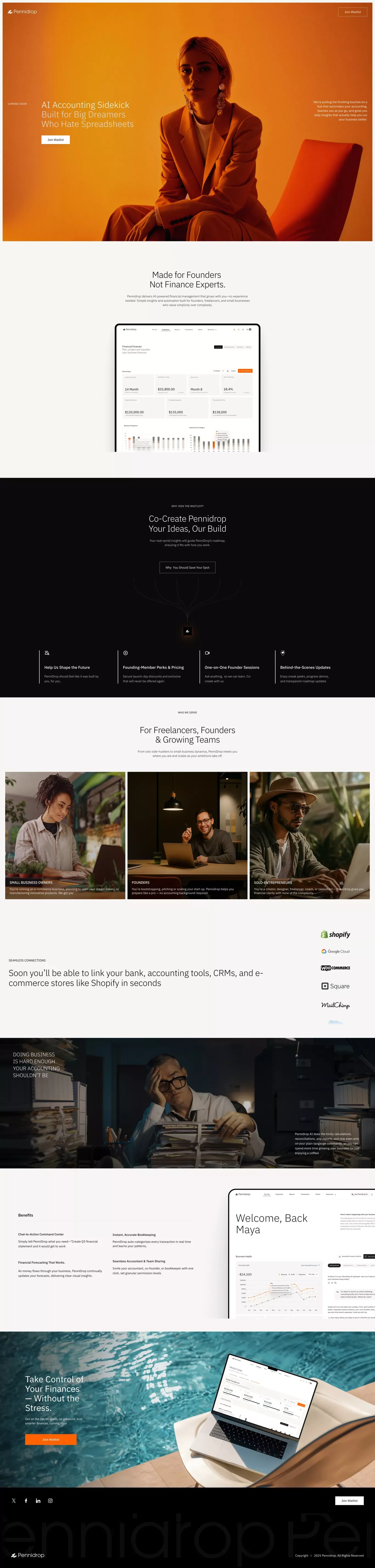 Pennidrop landing page screenshot showcasing Finance and Tech design