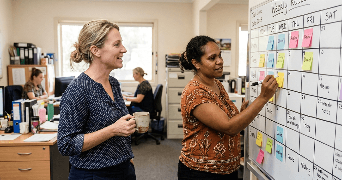 Two rostering coordinators building a weekly staff roster on a whiteboard with sticky notes