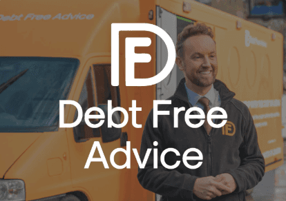 Image of Matt Dronfield stood in front of a van, the Debt Free Advice logo in overlaid