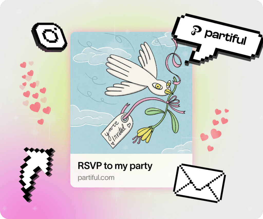 Party planning app feature showing a whimsical dove delivering an RSVP invitation link to simplify guest coordination.