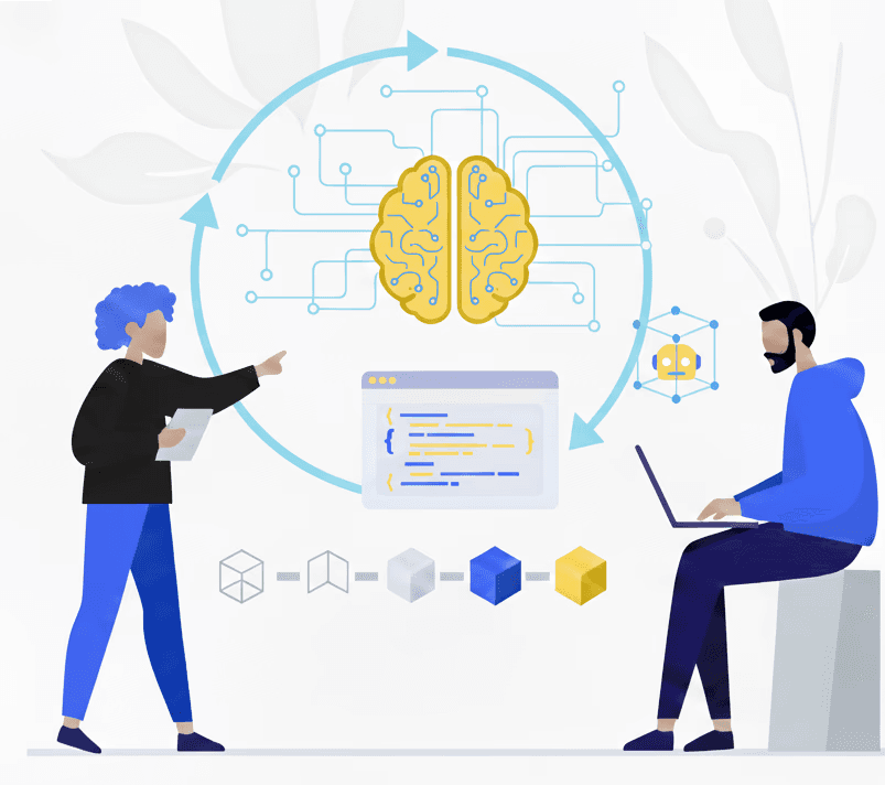 Two people collaborating to explore problems and solutions, one on a laptop, one standing up.