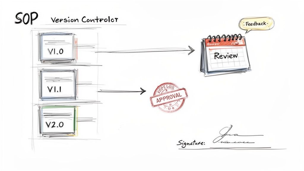 A hand-drawn diagram illustrating Standard Operating Procedure (SOP) version control with review and approval.