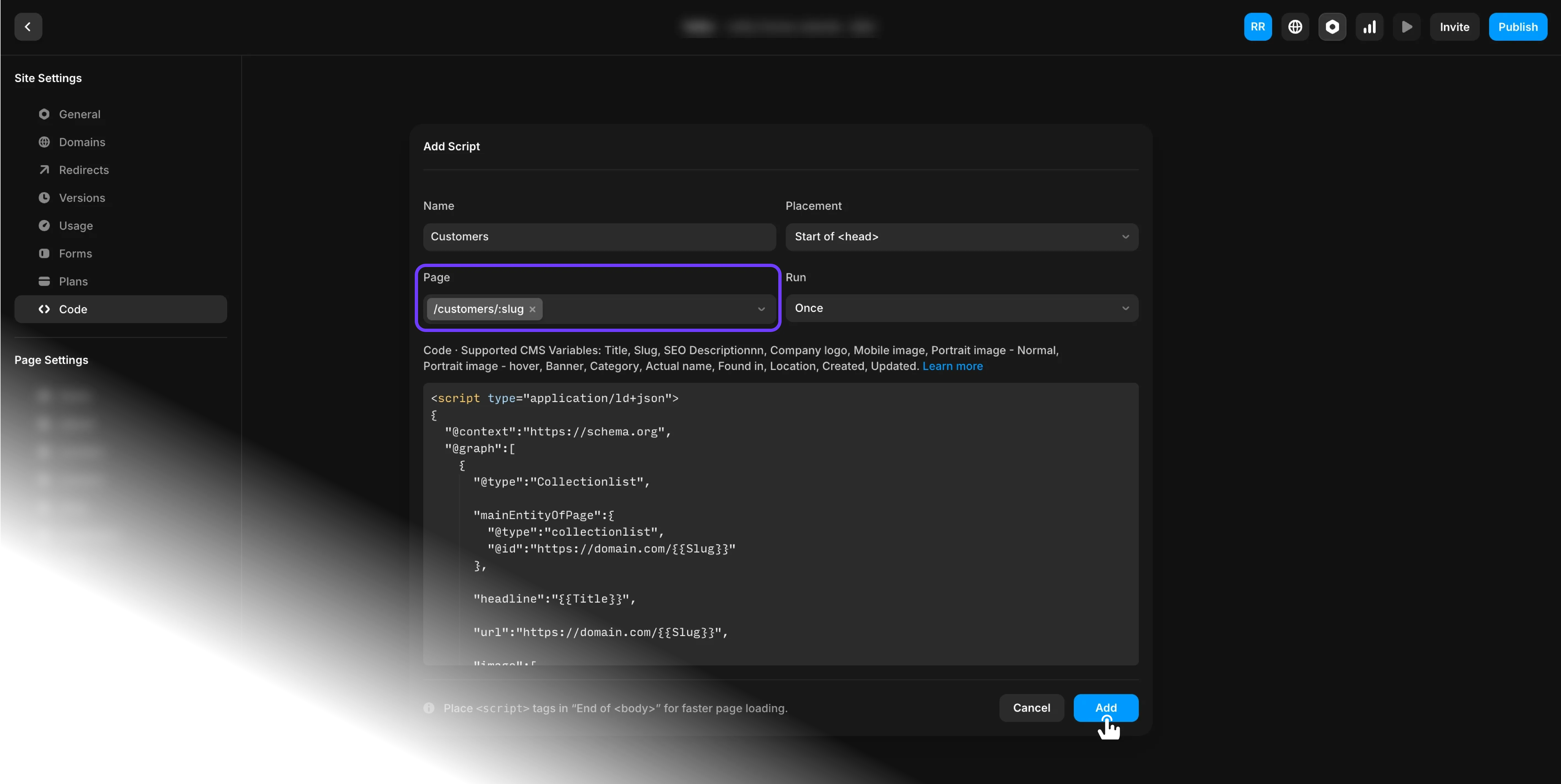 Structured data for Framer CMS pages.