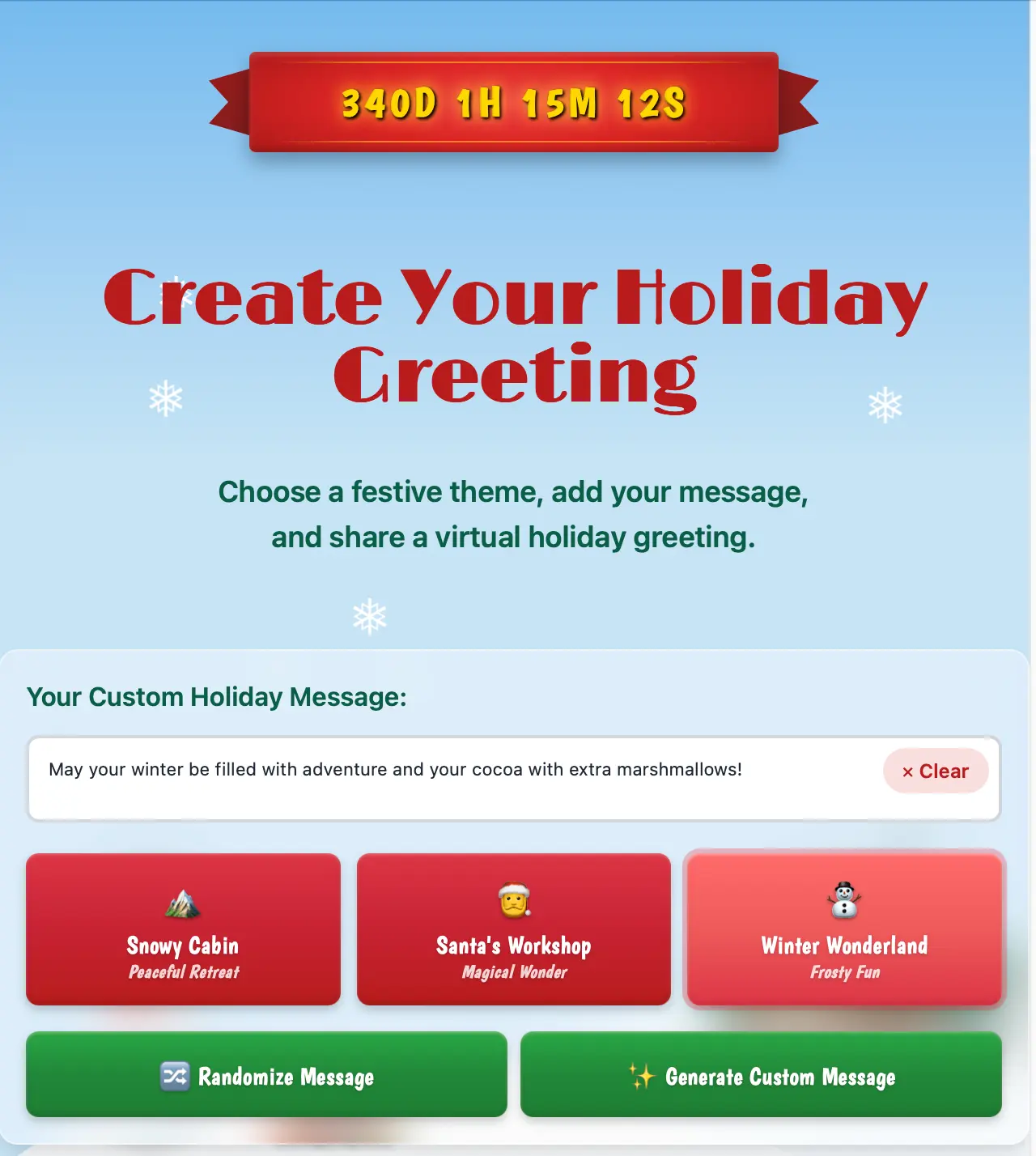Holiday greeting card generator interface showing a “Create Your Holiday Greeting” header, a text input for a custom message or random generation, and options to select a holiday scene.