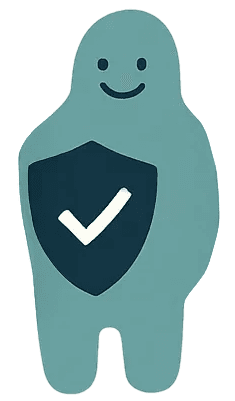 A teal, cartoon-style humanoid AI-agent with a smiling face displays a dark shield featuring a prominent white checkmark on its chest, symbolizing protection and security.