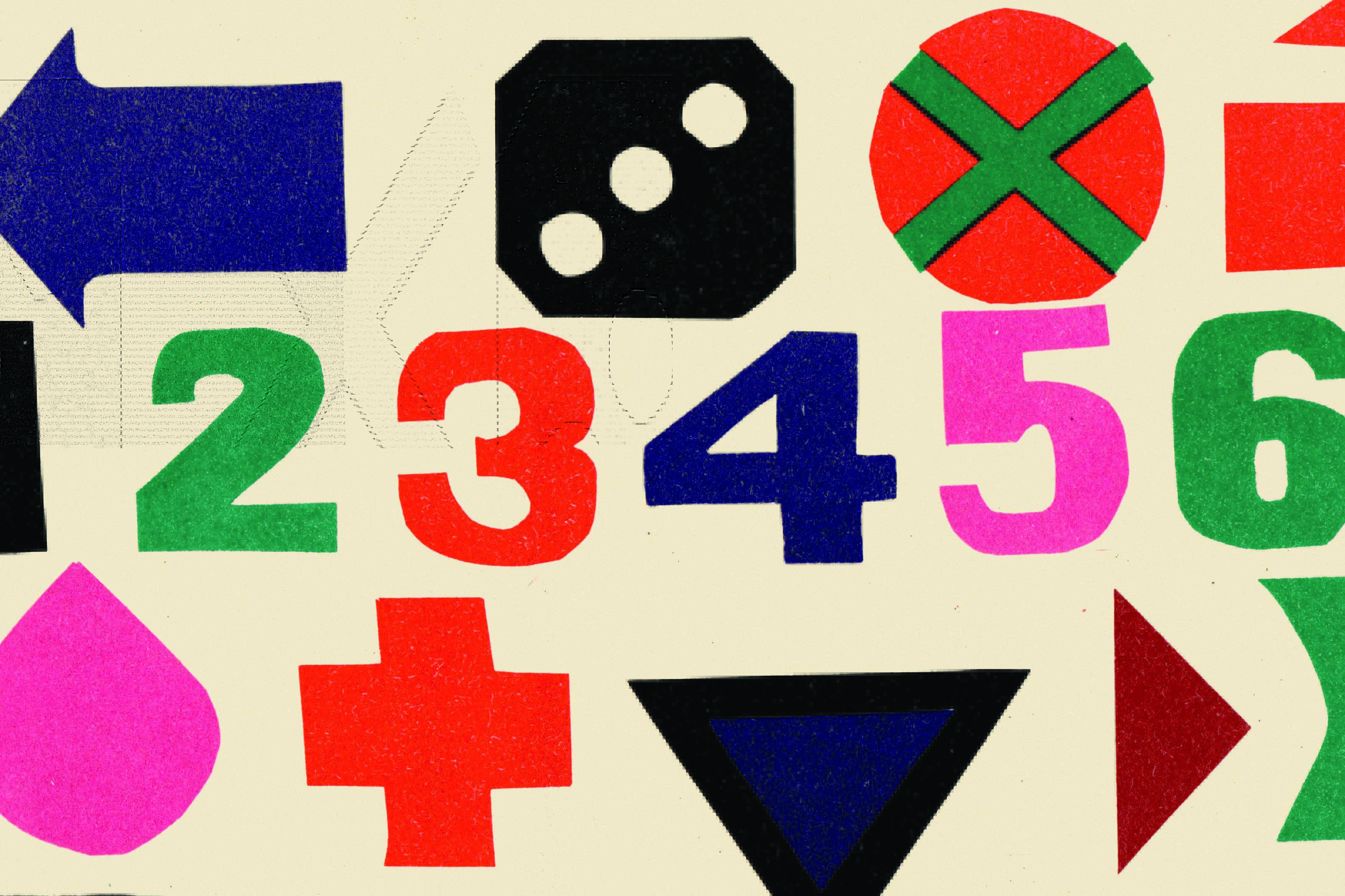 Poster detail: colorful geometric symbols and numbers on a cream background.
