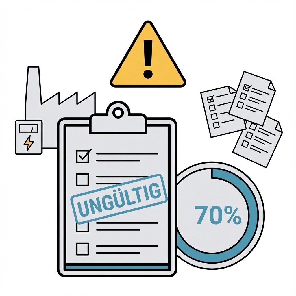 Grafik: Klemmbrett mit Stempel „UNGÜLTIG“ vor einer Fabrik, flankiert von Warndreieck, Dokumenten und 70%-Anzeige.