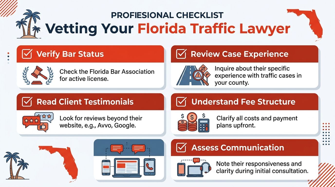 A professional checklist for vetting Florida traffic lawyers, outlining essential steps to choose the right legal representation.