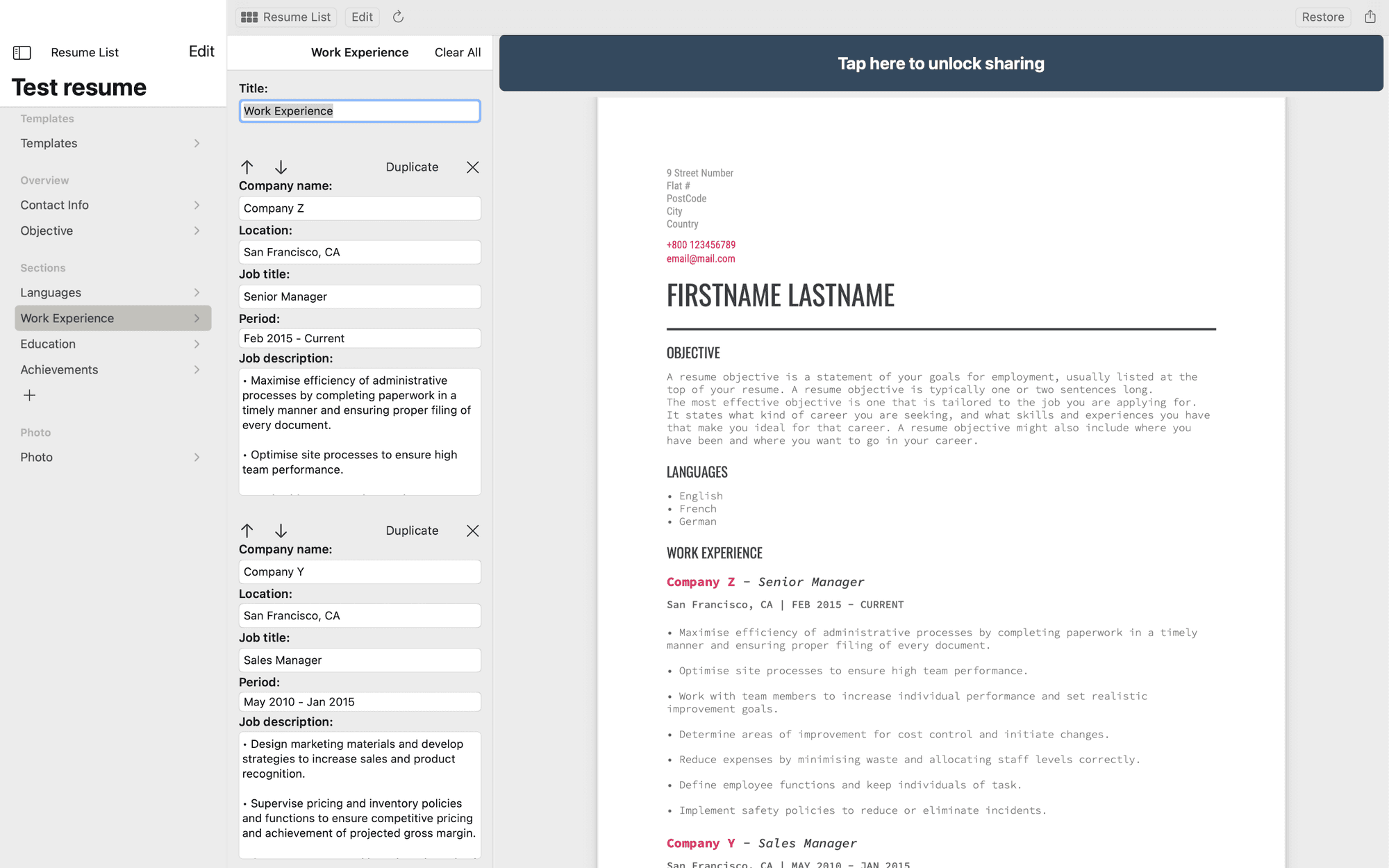 Screenshot of the Professional Resume Builder Mac app including one of their resume templates.