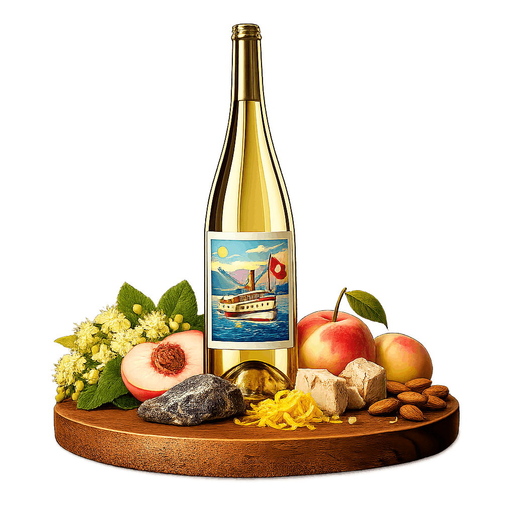 Artistic label and flavor profile for Vaudois Chasselas on a rustic wooden table.