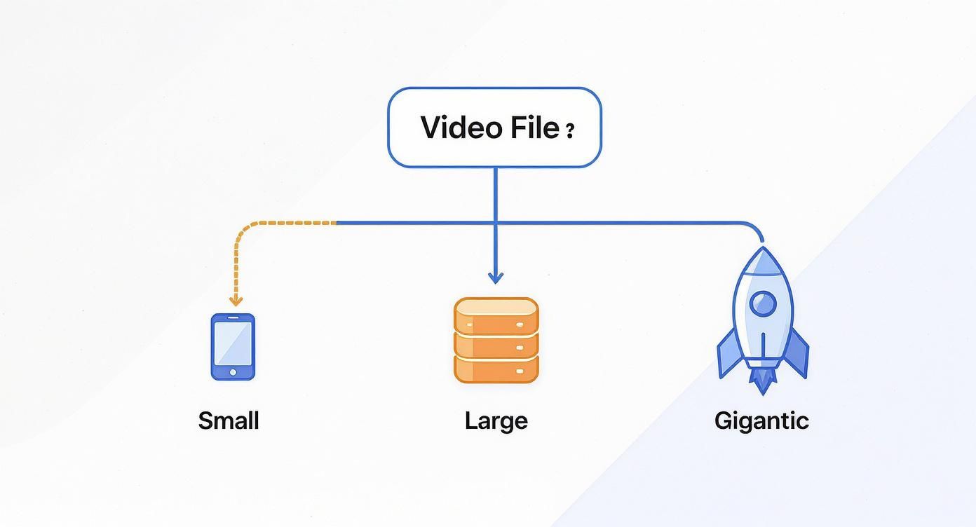 Flowchart showing video file size options: small for mobile, large for database, gigantic for rocket