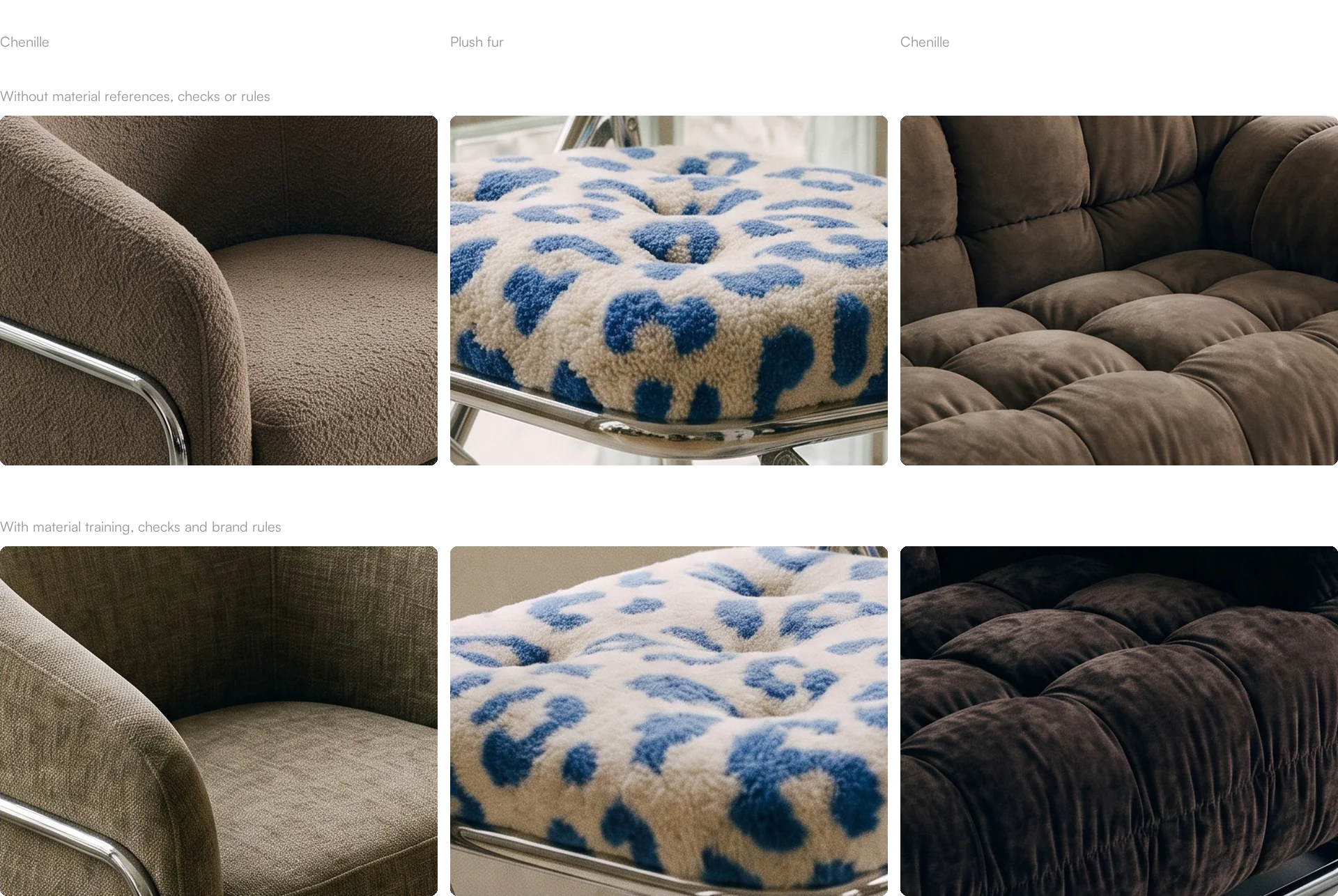 Fabric details at 100 % for the armchair, folding chair and sofa: first pass without material references above, mimikry system below